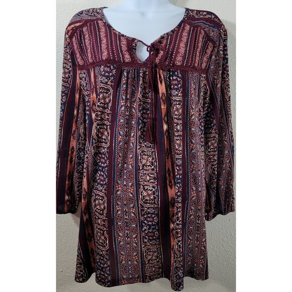 Style & Co Burgundy Brown Embroidered Bodice Top XL Lightweight Soft Flowy - Picture 1 of 6